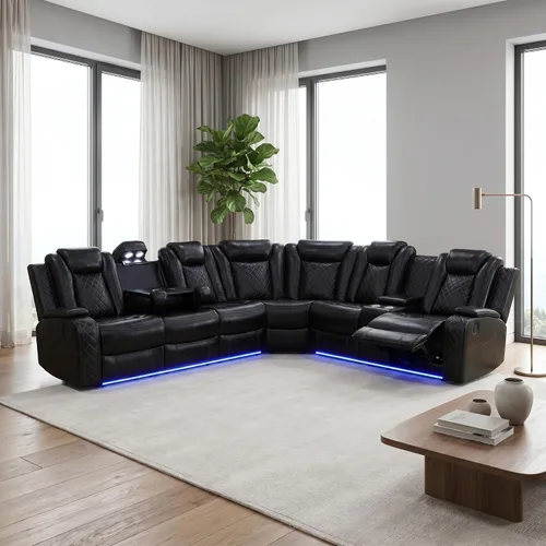 Miniatura 8 de Sofá modular reclinable eléctrico para sala de estar, moderno juego de sofá modular de cuero negro en forma de L, juego de sofá reclinable