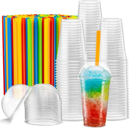 Vasos de PET transparentes con tapas de cúpula y pajitas para café helado, batido, bebidas frías, tazas de granizado, batidos, batidos, helado,