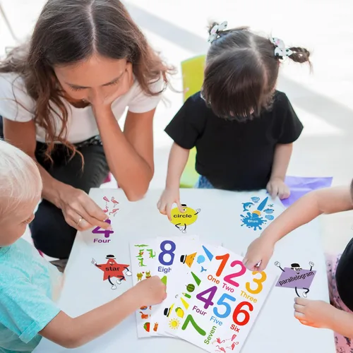 Miniatura 6 de Tatuo 30 calcomanías de pared con números, calcomanías de pared de geometría de aprendizaje educativo, calcomanías de pared con formas coloridas