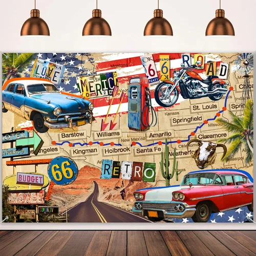 Miniatura 11 de HANYING Telón de fondo vintage de ruta 66, motocicleta clásica para automóvil, estación de servicio, mapa de ruta, fotografía, fondo retro, fiesta