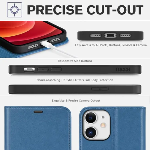 Miniatura 8 de TUCCH Funda tipo cartera, iPhone 12 Pro/12 5G, azul lago, carcasa interior de TPU a prueba de golpes, piel sintética, bloqueo RFID, soporte