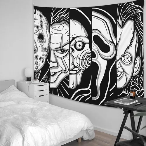 Miniatura 3 de Tapiz de Cara de Terror Blanco y Negro Trippy para Colgar en la Pared, Decoración de Halloween, Tapiz de Fiesta para Dormitorio, Sala de Estar