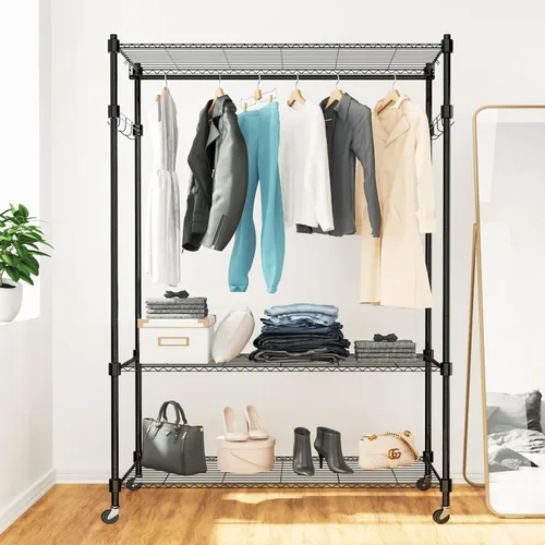 Himimi Perchero resistente de 3 niveles con ruedas, estante de alambre ajustable con barra para colgar, 4 ganchos laterales, estante de Gris