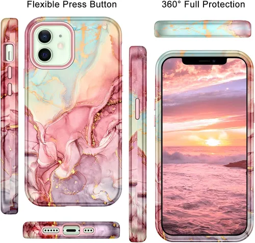 Miniatura 5 de Btscase para iPhone 12/iPhone 12 Pro, funda resistente de tres capas de mármol a prueba de golpes, cuerpo completo, PC duro + parachoques de TPU