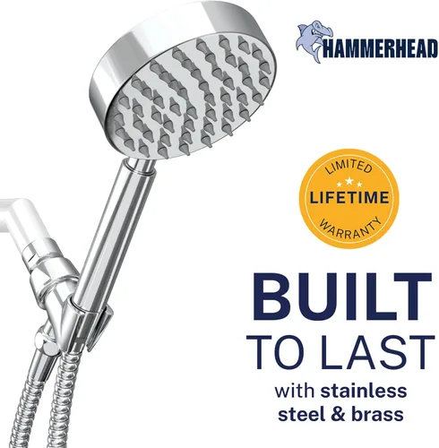 Miniatura 2 de HammerHead Showers® Cabezal de ducha de mano de metal sólido con manguera y soporte de latón, cromado, cabezales de ducha de alta presión de 2.5 GPM