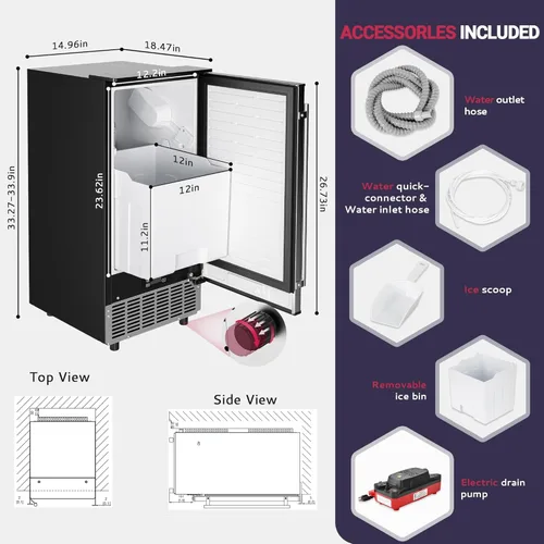 Miniatura 9 de ICYGLEE Máquina comercial para hacer hielo debajo del mostrador con bomba de drenaje, 100 libras/día con almacenamiento de 24 libras, máquina