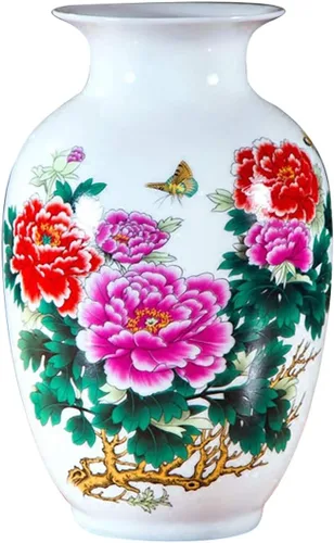 Miniatura 19 de Jarrón de cerámica blanco chino, Jingdezhen Birds Peony Flower Jarrones de porcelana blanca Decoración para el hogar B5
