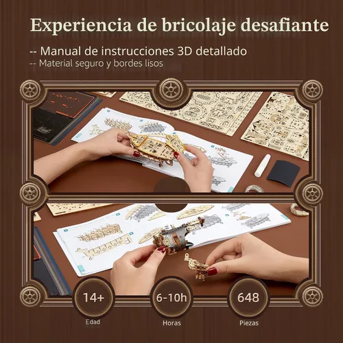 Miniatura 4 de FUNPOLA Rompecabezas de Madera LED 3D Modelo de Dirigible de Fantasía - Kit de Manualidades Steampunk DIY con Luces LED - Conjunto de Construcción