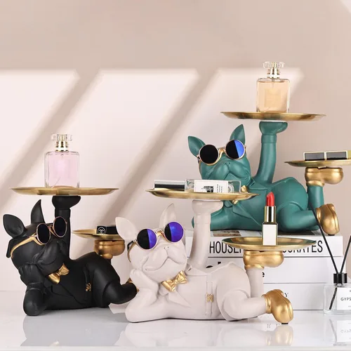 Miniatura 7 de Estatua de bandeja de Bulldog Oliruim - Mayordomo Bulldog con bandeja de almacenamiento para soporte de llaves de entrada, soporte de anillos, plato
