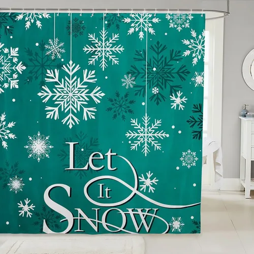 Miniatura 29 de Homewish Cortina de ducha de árbol de Navidad, juego de cortina de ducha de baño con diseño de copo de nieve dorado para niños y adultos, cortina