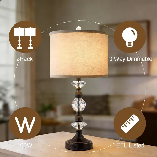 Miniatura 4 de Juego de 2 lámparas de mesa de cristal de 25.5" para dormitorio, lámparas de mesita de noche de bronce con puertos de carga USB A+C con pantalla