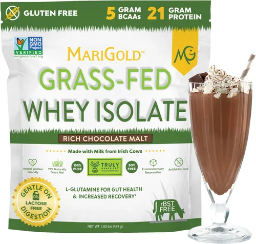 MariGold Polvo aislado de proteína de suero alimentado con pasto, rico sabor a malta de chocolate, 1 libra, 100% puro, procesado en frío,