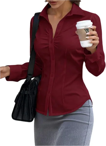 Miniatura 7 de GORGLITTER Blusa ajustada fruncida para mujer, de manga larga, con cuello, ajustada, para negocios, trabajo, casual, otoño, moda