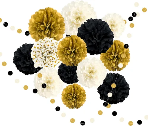 Decoraciones de fiesta negras y doradas, 16 piezas de pompones de papel de seda, kit de guirnalda de papel para fiesta de Año Nuevo, graduación,