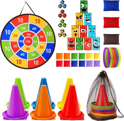 Redllo Juego Combinado de 58 Piezas de Juegos de Carnaval, Tablero de Dardos Derribar Latas Juego de Lanzamiento de Bolsas de Frijoles Fiesta