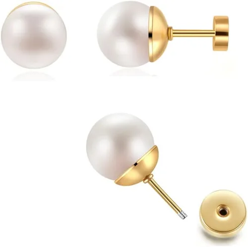 Miniatura 13 de Pearl Stud Earrings for Women,Flat Screw Back Pearl Helix Earrings Cartilage Earrings 316L Surgical Steel Piercing Jewelry Gift(7,8,9,10mm Pearl)