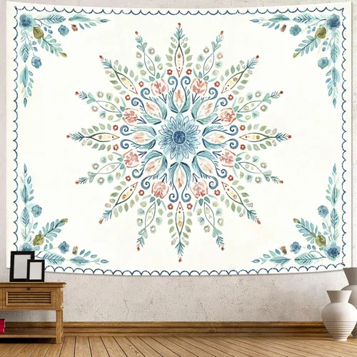 Accnicc Tapiz bohemio con mandala floral para dormitorio, tapiz de pared con flores bohemias, pequeño, acuarela, azul, blanco, hippie, indio, para