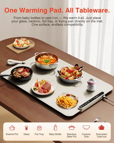 Miniatura 4 de Tapete Calentador para Alimentos, iTRUSOU Bandeja Calentadora Eléctrica Calor Continuo 99H, 7 Configuraciones de Temperatura, Calentamiento Beige