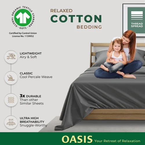 Miniatura 2 de THREAD SPREAD Juego de sábanas de 100 % algodón orgánico tamaño King de 4 piezas, tejido de percal de algodón orgánico, ropa de cama suave, fresca