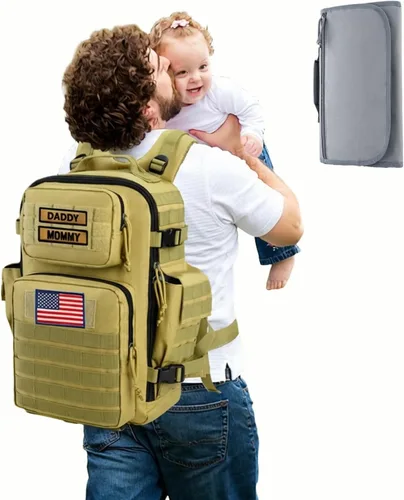 SHARKMOUTH Bolsa de pañales militar para bebé, mochila grande para bebé con cambiador para niño y niña, bolsa de pañales para papá del ejército para