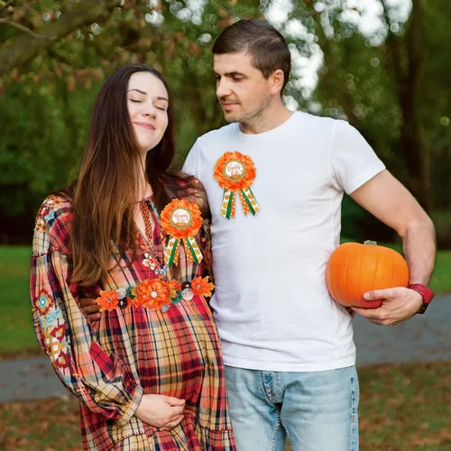 Miniatura 5 de Vansolinne Juego de fajas de maternidad de calabaza de otoño, ramillete de baby shower, banda y alfileres de calabaza, revelación de género