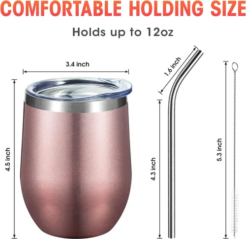 Miniatura 3 de COMOOO Vaso de vino de acero inoxidable de color oro rosa a granel con tapa y pajita, 12 onzas, vaso de viaje con aislamiento al vacío de doble