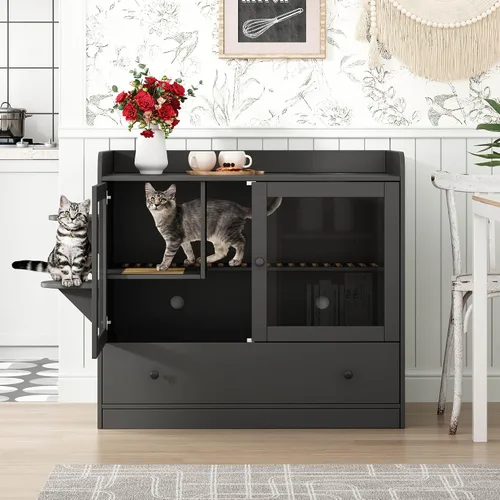Miniatura 2 de Mueble extra grande con caja de arena oculta para gatos, gabinete para casa de gatos con escalera para 2, mesa auxiliar con cajón grande para sala