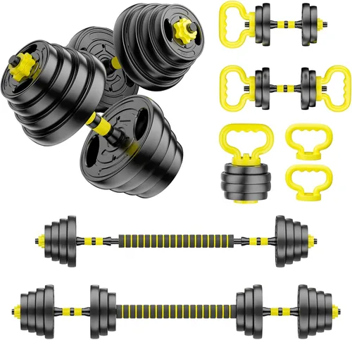 Miniatura 9 de Juego de mancuernas ajustables, pesas libres de 10 a 90 libras con conector – mancuernas 4 en 1, barra, pesa rusa y soporte para flexiones, juego
