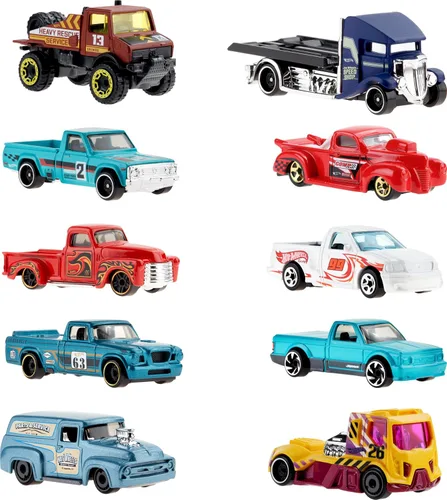 Miniatura 2 de Hot Wheels Paquete de 10, juego de 10 camiones de juguete a escala 1:64, mezcla de camionetas con licencia oficial y sin licencia, rescate o semi