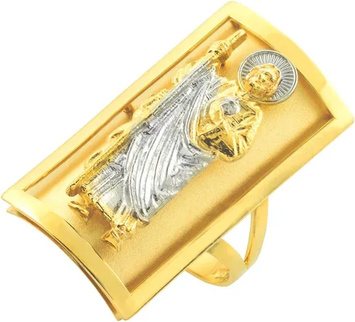 Anillo de escudo largo de San Judas de oro bicolor sólido de 10k (0.500 x 0.898 in)