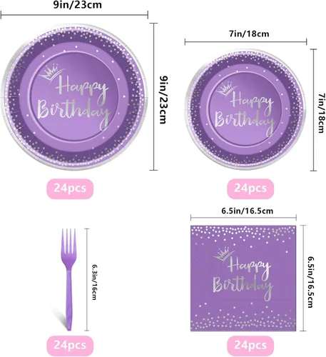 Miniatura 2 de Juego de 96 platos y servilletas de cumpleaños morados y plateados con decoraciones de fiesta de feliz cumpleaños, platos de papel, servilletas