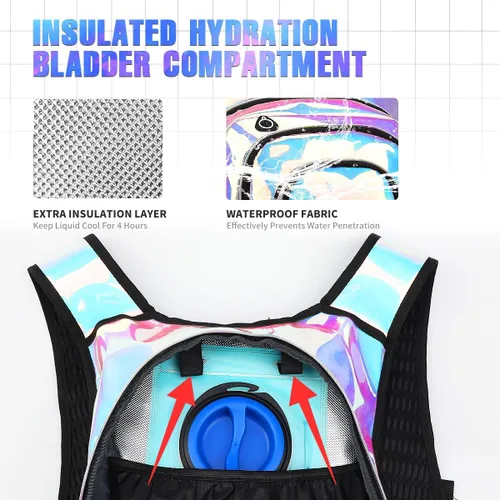 Miniatura 6 de Mochila de hidratación, paquete de hidratación para festivales y raves, mochila de agua con bolsa de hidratación de 2L, mochila de hidratación