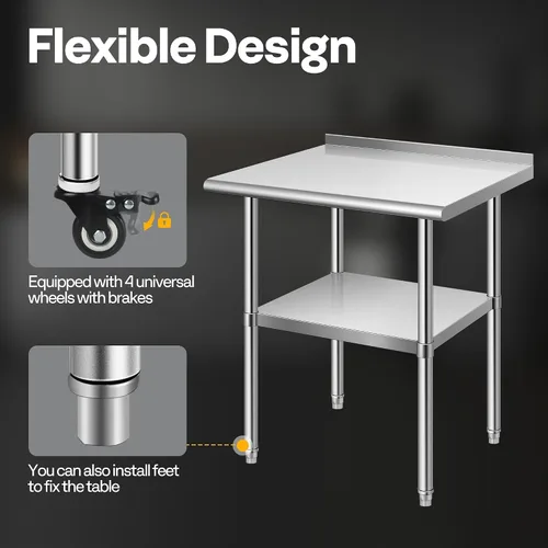 Miniatura 3 de VIVOHOME Mesa de trabajo de acero inoxidable de 24 x 18 pulgadas con protector contra salpicaduras, mesa comercial de preparación con ruedas