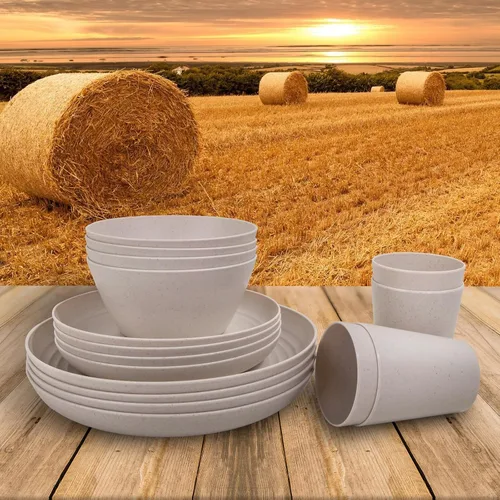 Miniatura 7 de LIYH - Juego de vajilla de paja de trigo de plástico beige de 48 piezas - Juegos de platos y tazones reutilizables, platos irrompibles, tazón, taza