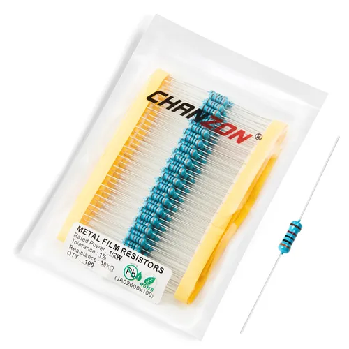 Miniatura 30 de Chanzon - 100 resistencias de película metálica 1/2 W (0.5 W) 10 Ω ohmios ±1% de tolerancia 10R MF, resistencias de agujero pasante con limitación
