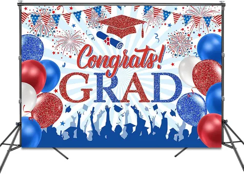 Miniatura 2 de Telón de fondo rojo y azul con texto en inglés "Congrats Grad" de 7 x 5 pies para graduación de graduación de 2026, decoración de fiesta