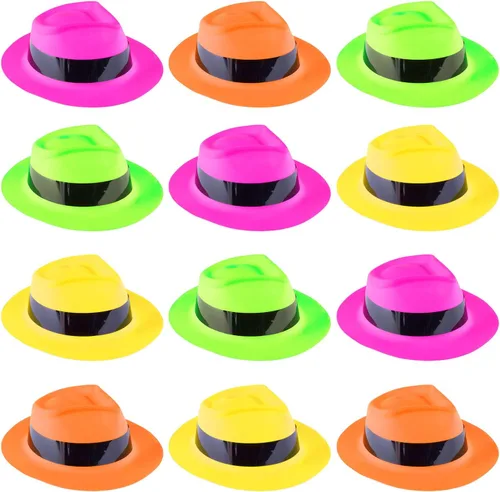 Super Z Outlet Paquete de 12 sombreros de vestir estilo mafia de neón estilo gángster fedora sombreros de cumpleaños para niños, suministros de