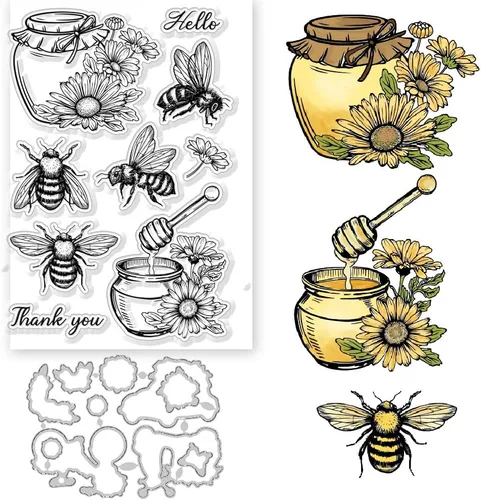 GLOBLELAND Sellos transparentes y troqueles de corte de flores de abeja, tarros de miel de abeja, margaritas, sellos transparentes de silicona,