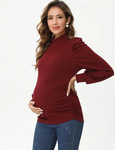 Miniatura 5 de Camiseta de maternidad de punto acanalado para mujer, casual, cuello alto, manga larga, fruncida, túnica para mujeres embarazadas