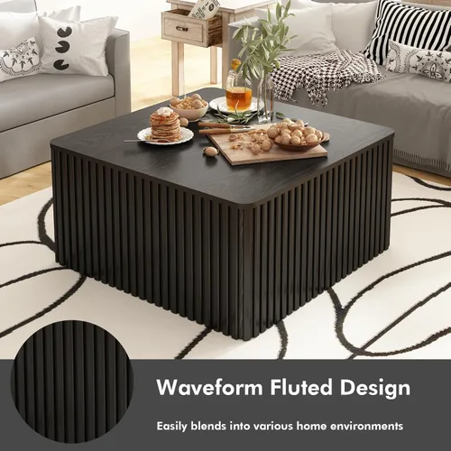 Miniatura 3 de Mesa de centro cuadrada acanalada con almacenamiento, mesa central grande de madera con parte superior de chapa de madera maciza, mesa de centro