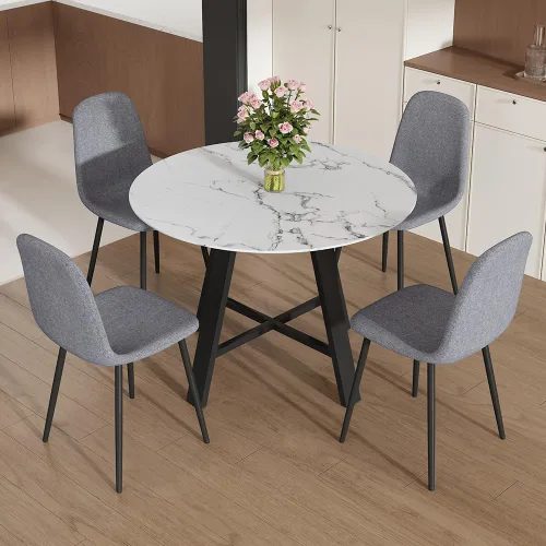 Miniatura 25 de Juego de 4 mesas de comedor redondas de 42 pulgadas para 4, sillas de mesa de cocina modernas, juego de 4 sillas tapizadas de madera con patas
