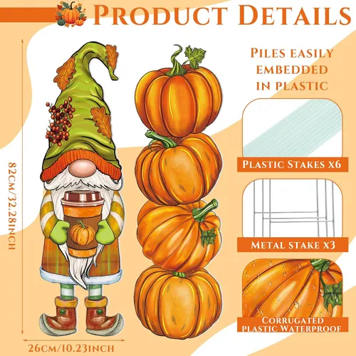 Miniatura 2 de Umigy 3 piezas de gnomo de otoño para decoración de patio con estacas de 32 x 10 pulgadas, decoración de jardín de otoño exterior para el hogar