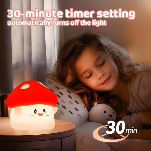 Miniatura 4 de Luz nocturna de hongos, lámpara de silicona blanda para niños, control de grifo, 2 niveles de brillo, batería de 50 horas, temporizador automático