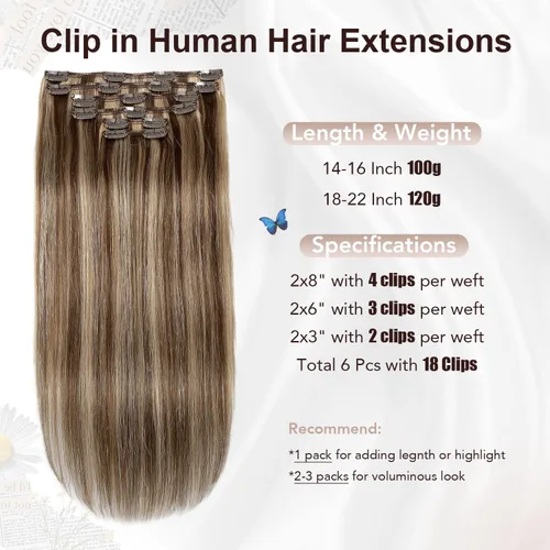 Miniatura 5 de XDhair Extensiones de cabello humano Remy con pinzas, color marrón medio #4, mezclado con rubio caramelo #27, 3.53 oz, 6