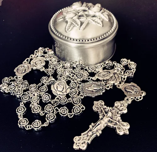 elegantmedical Hecho a mano vintage plata rosa cuentas rosario católico collar cruz caja de regalo Italia crucifijo, Plata