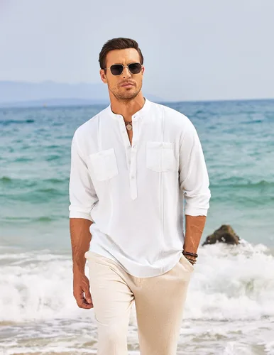 Miniatura 6 de COOFANDY Camiseta de lino Henley de manga larga para hombre, estilo hippie, de algodón, playeras