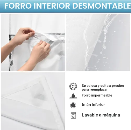 Miniatura 5 de WITHLOC Cortina de ducha sin gancho con forro a presión, cortina de ducha de eucalipto, forro interior lavable e impermeable, cortinas de ducha