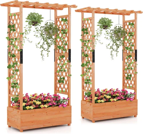 Miniatura 12 de Giantex Cama de jardín elevada con enrejado y techo colgante, jardinera de madera con parte inferior y agujeros de drenaje, maceta de jardín