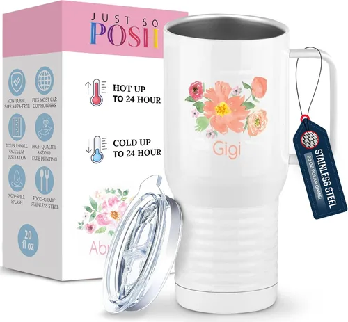 Miniatura 14 de Just So Posh Abuela Flowers Tumbler, Vaso de Café de Viaje con Asa y Tapa Deslizante, Blanco 20 oz Polar Camel, Acero Inoxidable, Aislado al Vacío
