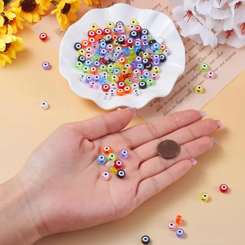 Miniatura 5 de Craftdady 180 cuentas planas redondas acrílicas de ojo malvado de 9 colores, cuentas de ojo de sabiduría de la suerte, cuentas espaciadoras sueltas
